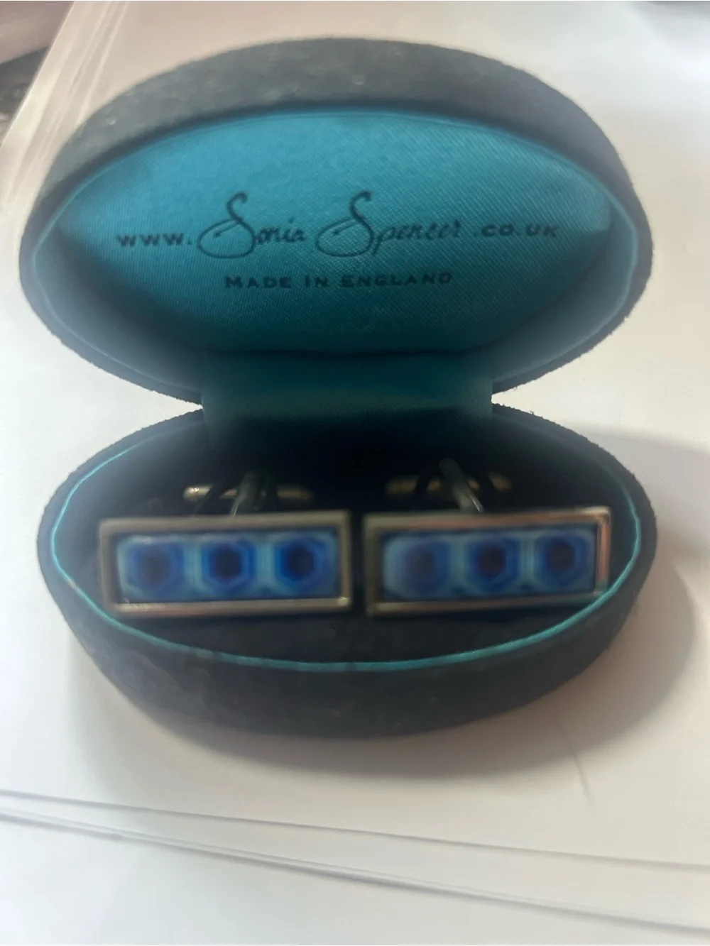 Sonia Spencer Bullet Back Cufflinks Mens Blue Enamel Rectangular Made in England